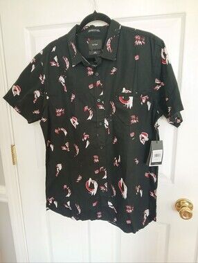 Tavik Black Short-Sleeve Button-Down with Red & White Graphic Print Skater NWT
